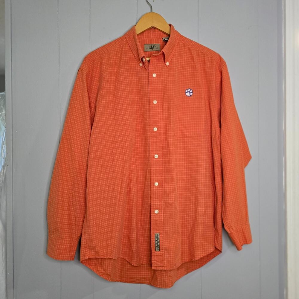 VTG Vesi Sportswear Clemson Tigers Mens L Orange‎ Grid Button Down Shirt Cotton